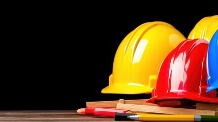Colorful Hard Hats and Pencils on Dark Wood