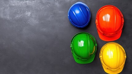 Colorful Hard Hats on Dark Gray Chalkboard Background