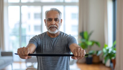 Senior man exercising indoors with a resistance band, fitness concept.