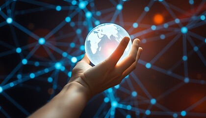 Hand holding glowing glass globe with digital network overlay global world