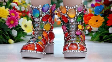 Colorful Jeweled Boots with Floral Background