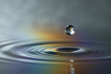 A water droplet is captured mid-air just above the surface, creating a stunning ripple effect with an iridescent rainbow of colors reflected from the surrounding light.