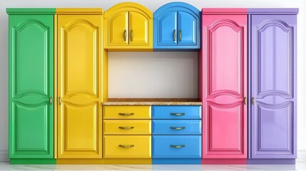 Colorful Kitchen Cabinets in Green Yellow Blue Pink and Purple