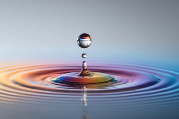 A water droplet is captured mid-air just above the surface, creating a stunning ripple effect with an iridescent rainbow of colors reflected from the surrounding light.