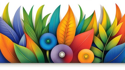 Colorful Leaves and Flowers Illustration on White Background