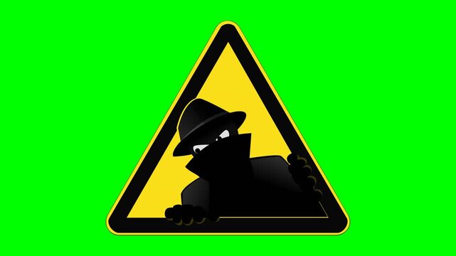 Animated loop yellow warning sign with a spy/hacker figure in a hat on green screen with alpha channel.Indicates danger, cybercrime, or security alert.