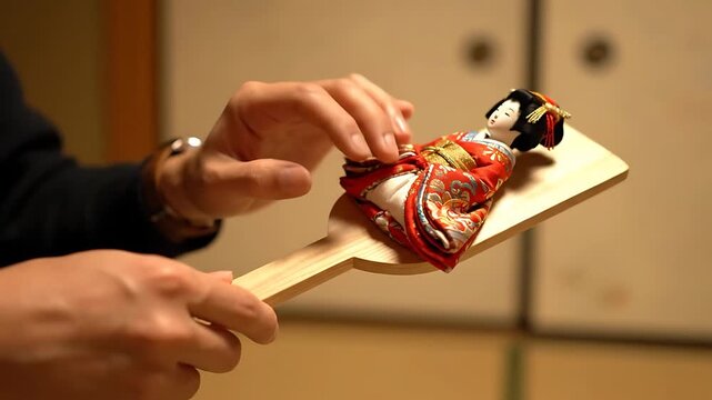 Close-up of hands holding traditional Japanese Hagoita paddle with beautiful geisha doll