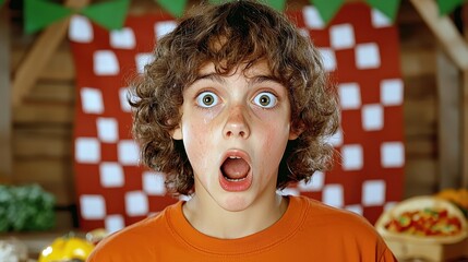 Astonished Boy with Curly Brown Hair and Wide Eyes in Front of