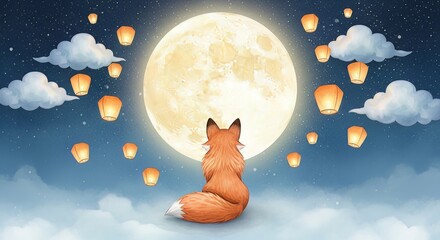 A fox sits watching lanterns float toward a large full moon in a dreamy night sky illustration