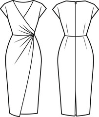 Vector women’s dress illustration, V‑neckline design, cap sleeve detail, draped wrap skirt with pleats, fitted bodice, fashion CAD template, garment construction reference