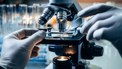 Microscope and gloved hands preparing sample slide