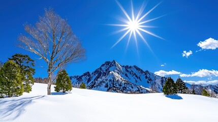 Bright Winter Sun Over Snowy Mountain Landscape