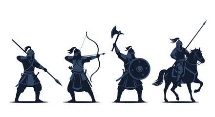 Four warriors: a spearmen, an archer, an axeman with shield, and a mounted lancer are silhouetted in a static, combative formation.
