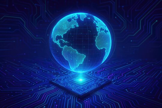 Global network glowing on circuit board, digital world data flow