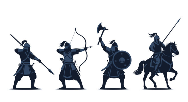 Four warriors: a spearmen, an archer, an axeman with shield, and a mounted lancer are silhouetted in a static, combative formation.
