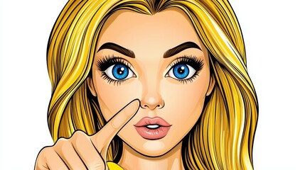 Close Up Illustration of Blond Haired Woman with Blue Eyes Pointing
