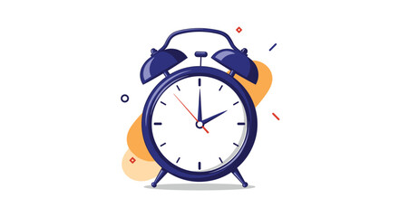 A classic blue alarm clock with ringing bells sits on a white background with abstract orange shapes.