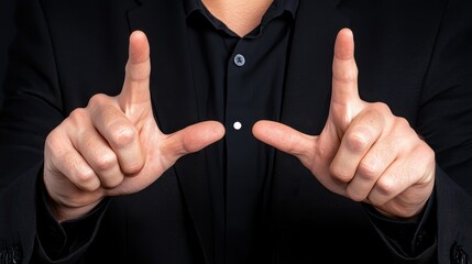 Close Up Man Hands Gesturing in Black Shirt and Jacket Against Dark