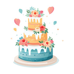 Happy birthday cake with burning candles and colorful balloons design illustration for a sweet party celebration dessert gift card featuring a pink chocolate cream cartoon vector bakery decoration