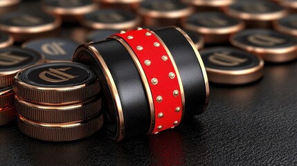 Close Up of Black and Rose Gold Metallic Discs with Red Accents