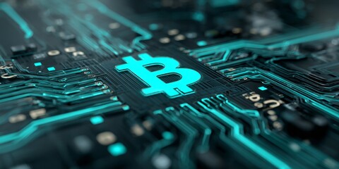 Glowing digital currency symbol illuminates an intricate electronic circuit board with teal light.