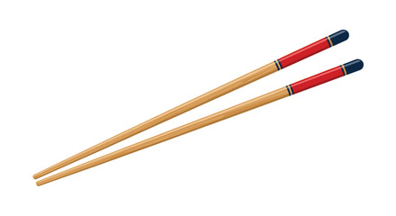 Fototapeta premium Wooden chopsticks isolated on white background, angled with decorative red and blue accents near the top, ready for dining.