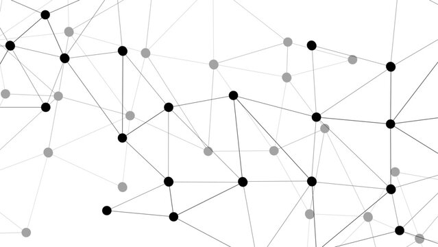 Abstract minimalistic geometric network pattern with thin black lines connecting small black dots. Web of interconnected nodes and edges. Connectivity, communication, structure, and digital linkage.