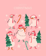 Greeting card. Pink Christmas snowmen in various hats and boots with a Christmas tree, garland, and candy cane.  Holiday season. Vector illustration.