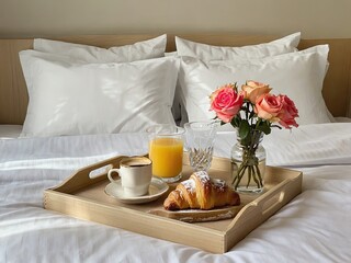 Breakfast in Bed with Coffee, Fresh Croissant and Flowers