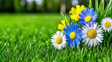 Closeup of Vibrant White, Blue, and Yellow Daisies on Lush Green