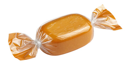Delicious caramel candy in a clear wrapper isolated on transparent background