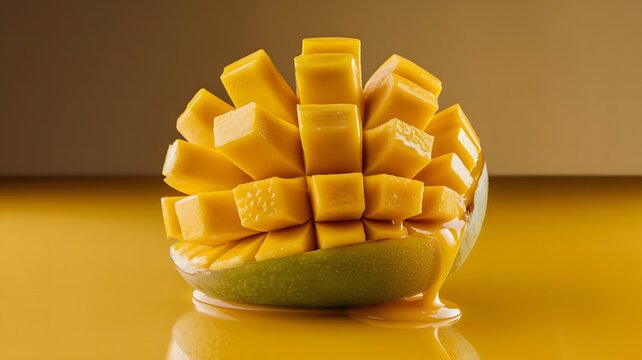A 4K image of a single mango, cut open to reveal its vibrant golden flesh, dripping slightly with ju