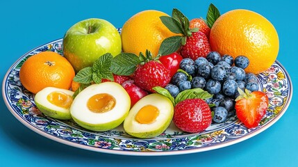 Colorful Arrangement of Fresh Fruits on Ornate Plate