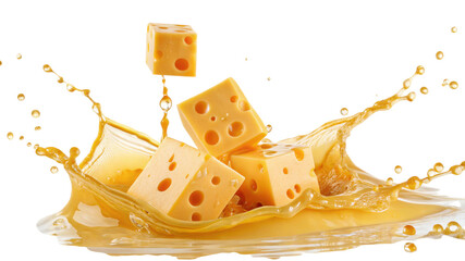 Cheese cubes splashing in orange juice isolated on transparent background
