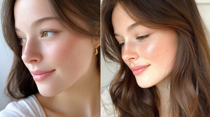 Fototapeta premium Close-up profile of a young woman with natural makeup, showcasing smooth skin and soft lighting against a neutral background