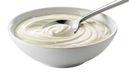 Bowl of creamy yogurt with a spoon isolated on transparent background
