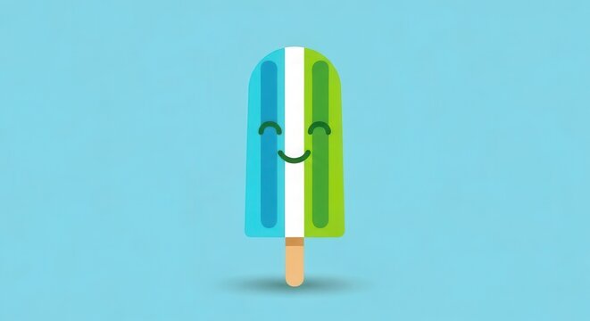 Cute popsicle with happy face on bright blue background sweet frozen treat summer refreshment concept