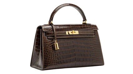 Elegant brown crocodile leather handbag isolated on transparent background