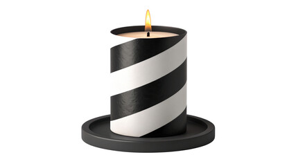 Burning striped candle on a black plate isolated on transparent background