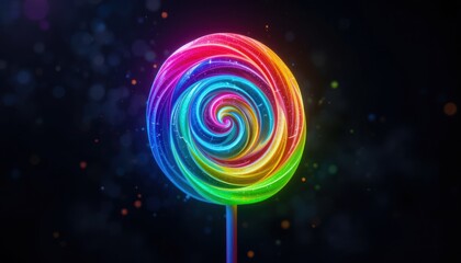 A vibrant, swirling lollipop radiates a rainbow of colors against a dark background.