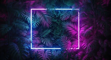 Vibrant neon square frame illuminates lush tropical leaves in moody ambient light
