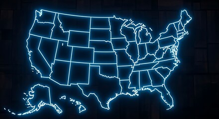 Futuristic glowing map of the united states with a neon effect, highlighting the countrys borders and states against a dark background