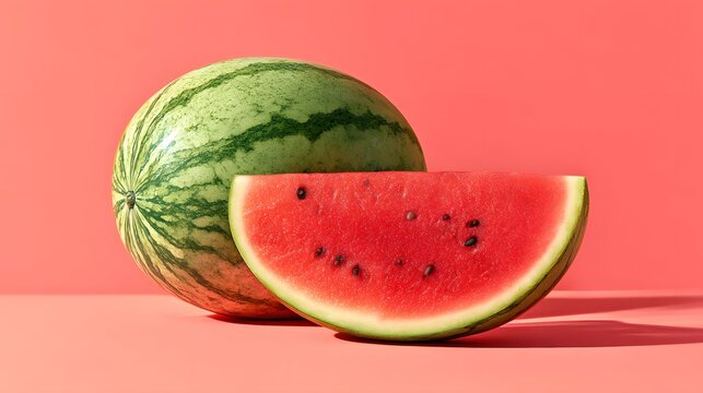 Watermelon Halves Against Red Background