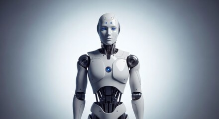 A realistic humanoid robot stands with a neutral expression, embodying the potential of artificial intelligence