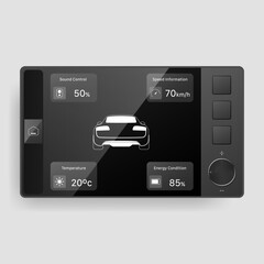 Black tablet style car head unit interface vector showing vehicle information