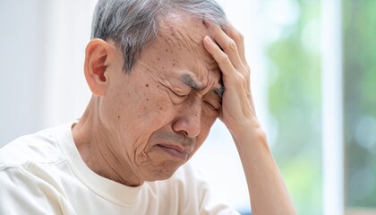 Elderly man experiencing severe headache and discomfort, touching his forehead in distress, conveying pain and suffering