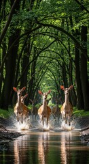 Herd of Deer Galloping Through a Shallow Stream. Sunlit Deer in a Reflective Forest Stream. Dynamic Wildlife Photography of Deer in Water.