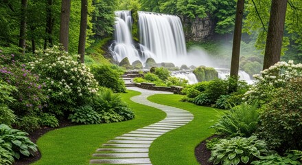 Winding Stone Path Through a Garden to a Waterfall. Lush Verdant Garden with a Majestic Cascade. Romantic Landscape with a Pathway and Waterfall.