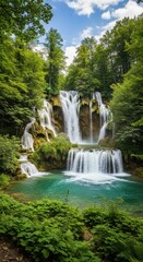 Photorealistic Waterfall with Silky Water and Emerald Foliage. Serene Waterfall Scene with Ethereal Atmosphere. Painterly Waterfall in an Untouched Natural Setting.