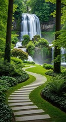Serene Japanese Garden Path with a Multi-Tiered Waterfall. Stepping Stone Path Curving Towards a Waterfall. Tranquil Garden Landscape with Waterfall and Trees.
